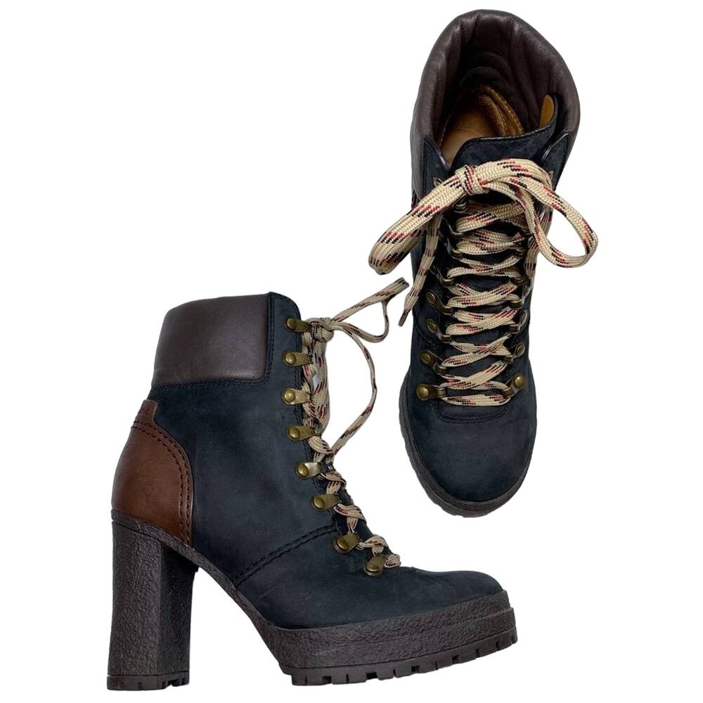 See By Chloe Eileen Lug Sole High Heel Lace Up Suede Leather Ankle Boot Black 36